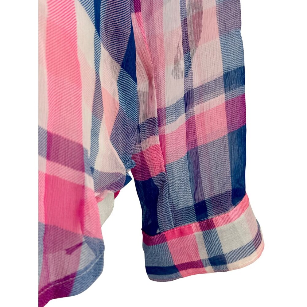 Hollister 2016 Pink & Blue Sheer Plaid Button-Up & Roll Cuffs Casual Relaxed Top - Picture 9 of 13